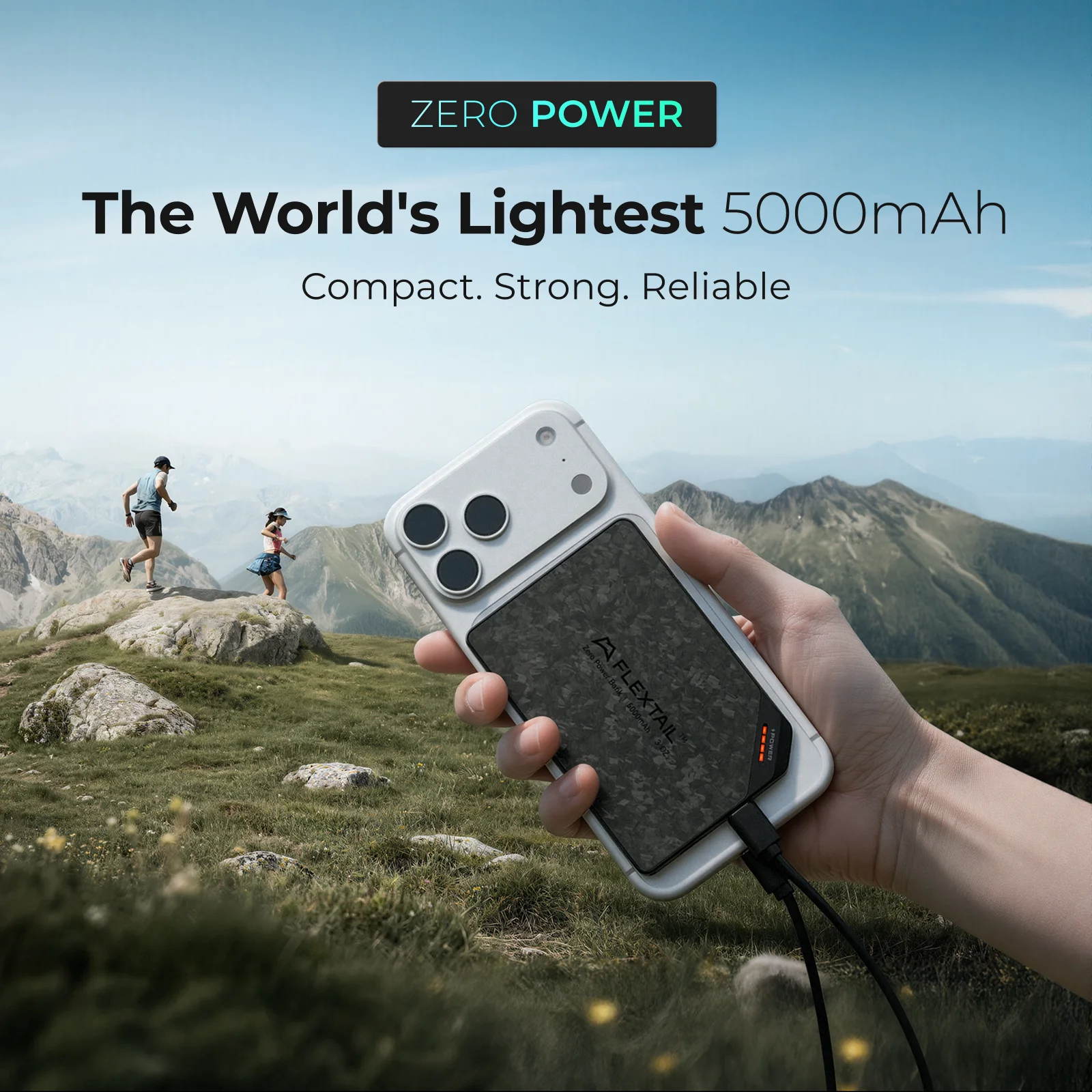 FLEXTAIL ZERO POWER - Power Bank 5000mAh, Forged Carbon Fiber Shell, Dual USB-C Port, Fast Charging Spare Battery for iPhone 17