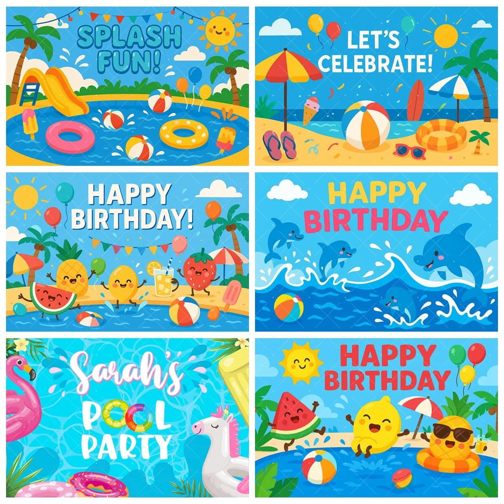 

Summer Pool Party Kids Happy Birthday Backdrop Custom Cartoon Fruit Swimming Ball Ring Decor Banner Photography Background Prop