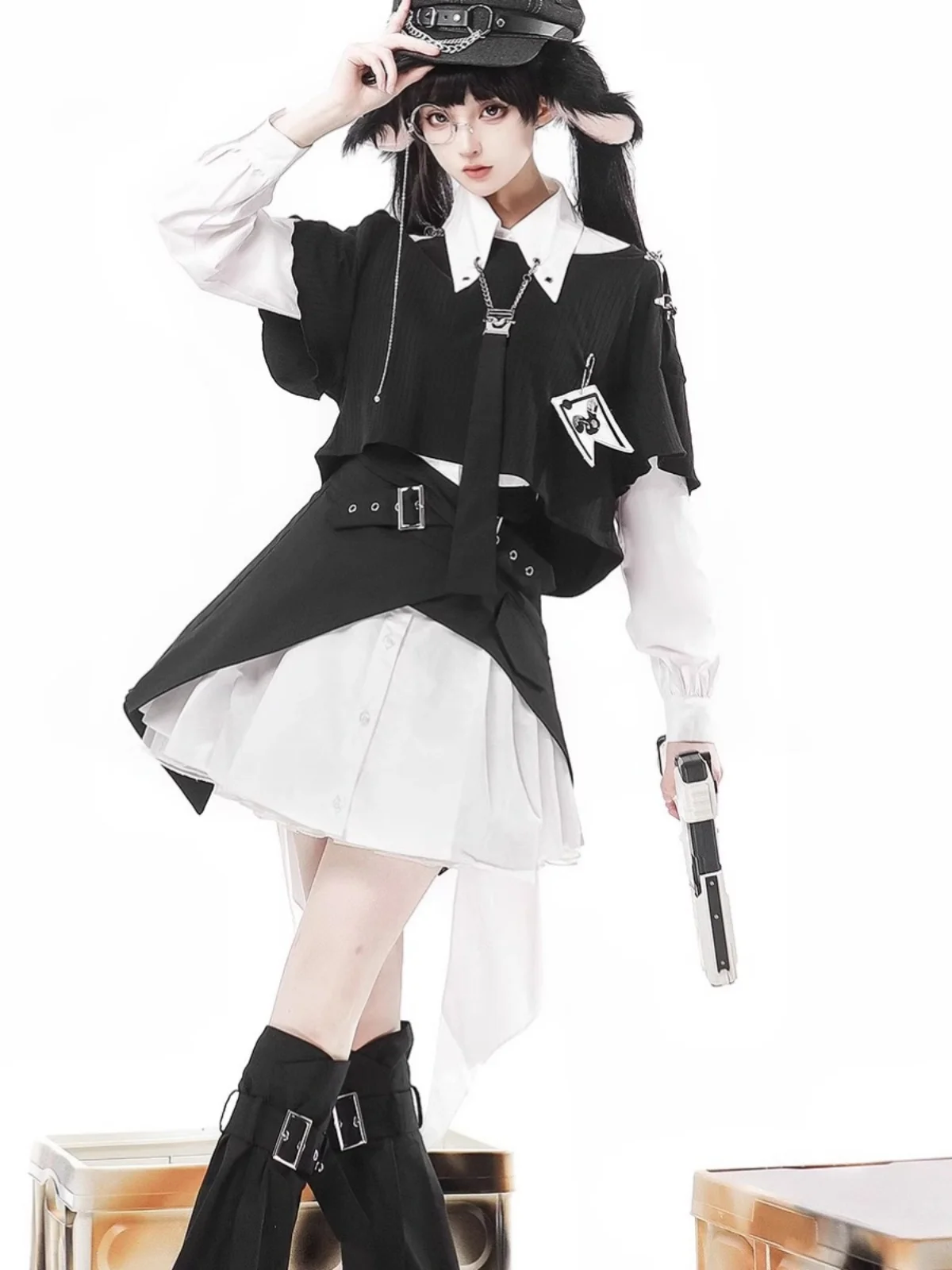 Original Cute Rabbit Sheriff Lolita Dress Military Style Night Travel Rabbit Lolita Set Dark Top Half Skirt Set