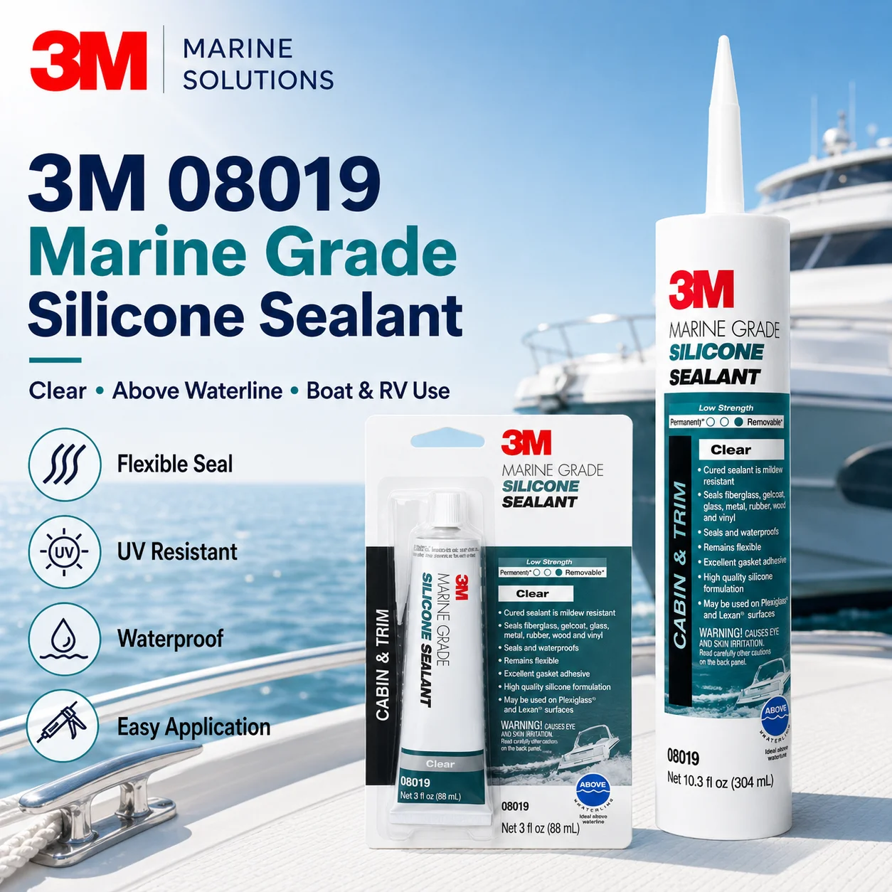 Original 3M 08019 Silicone Sealant Marine Grade Clear Weather Resistant Waterproof Sealant for Boat Yacht RV Repair