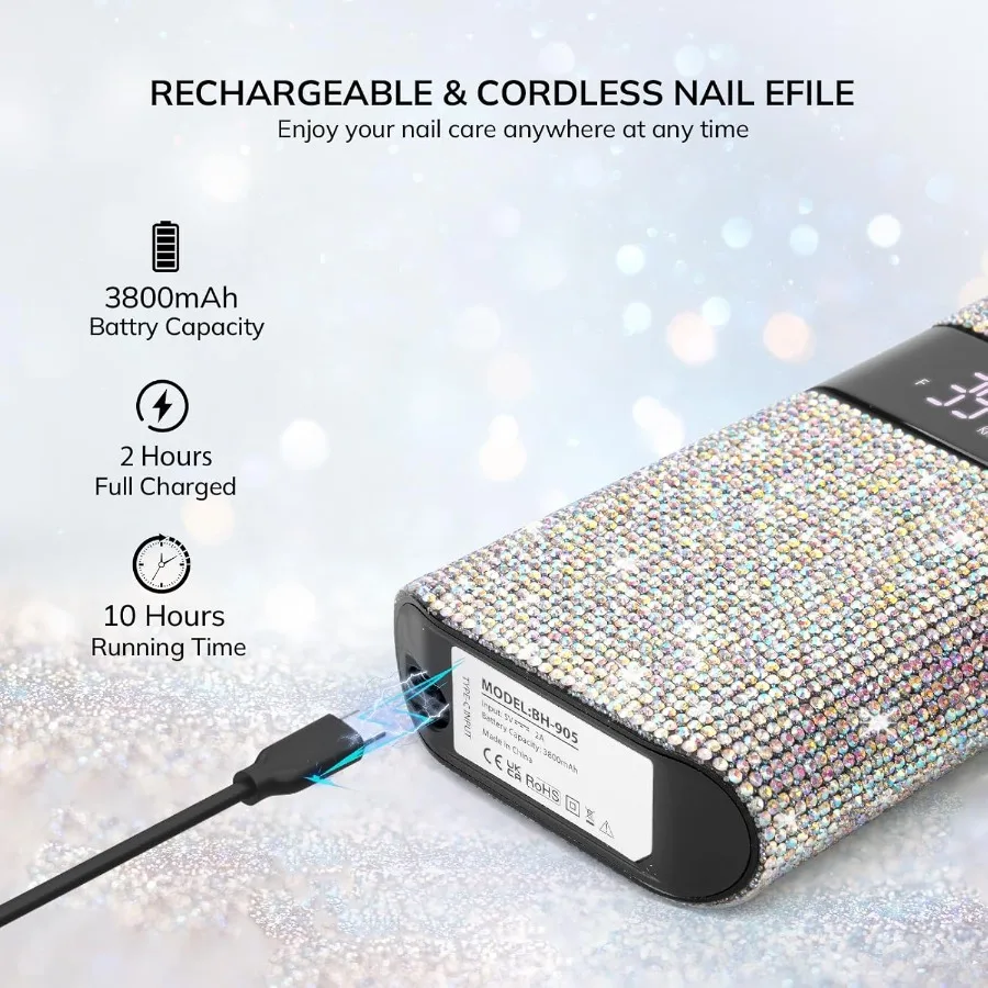 آلة حفر أظافر احترافية قابلة لإعادة الشحن مع محرك بدون قلب ماسي 35000 دورة في الدقيقة لأظافر الأكريليك الكهربائية المحمولة اللاسلكية