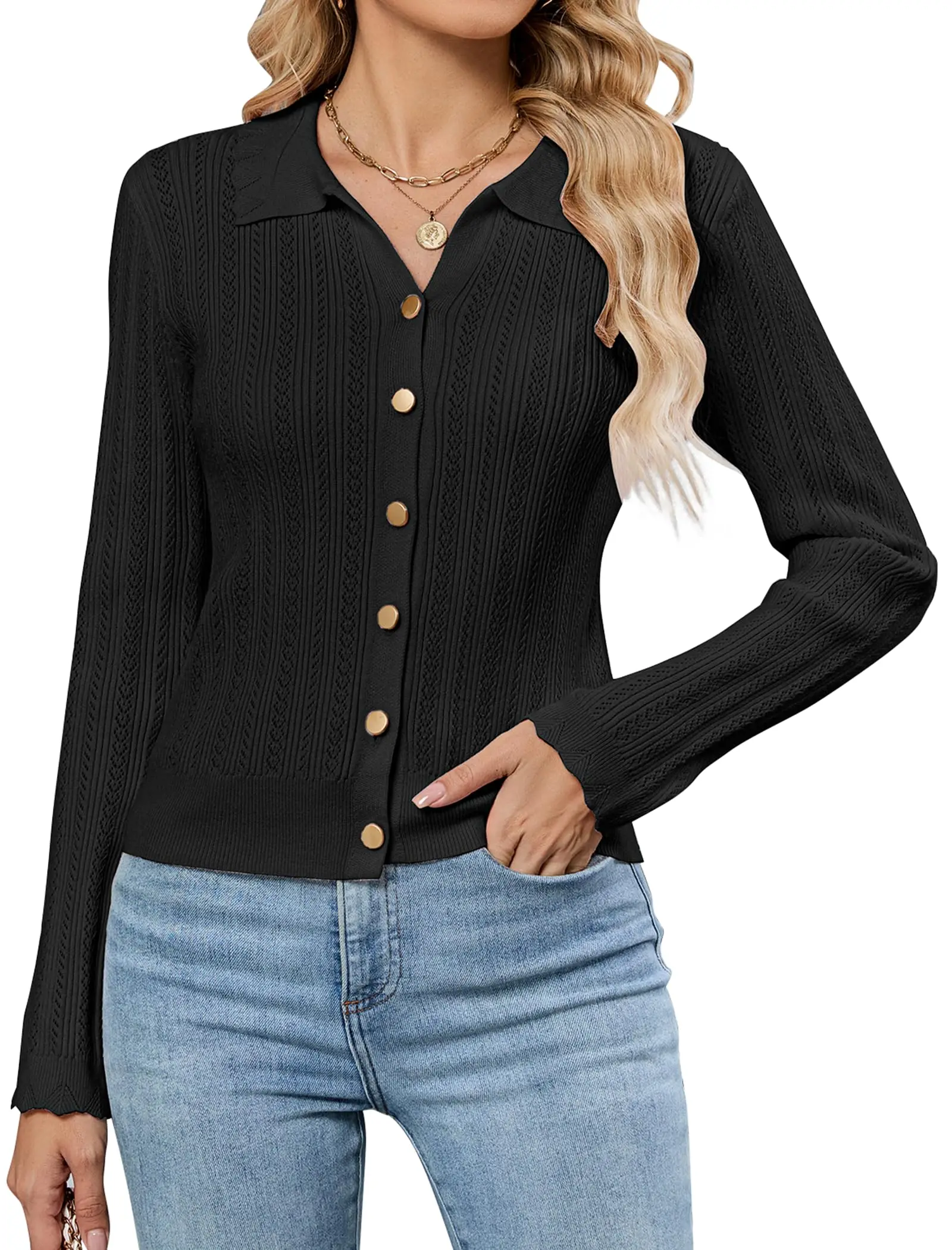 

ZAFUL укороченный кардиган, свитера для женщин, 2025 год, воротник на пуговицах, с длинными рукавами, вязаный крючком, осенняя одежда, одежда