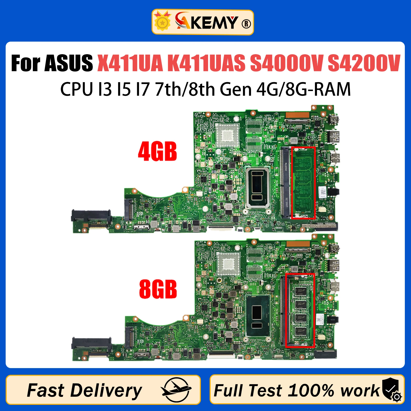 AKEMY X411UA For ASUS Vivobook 14 K411UAS S4000V S4200V A411U K411U F411U Laptop Motherboard I3 I5 I7 7/8th Gen 4G/8G-RAM