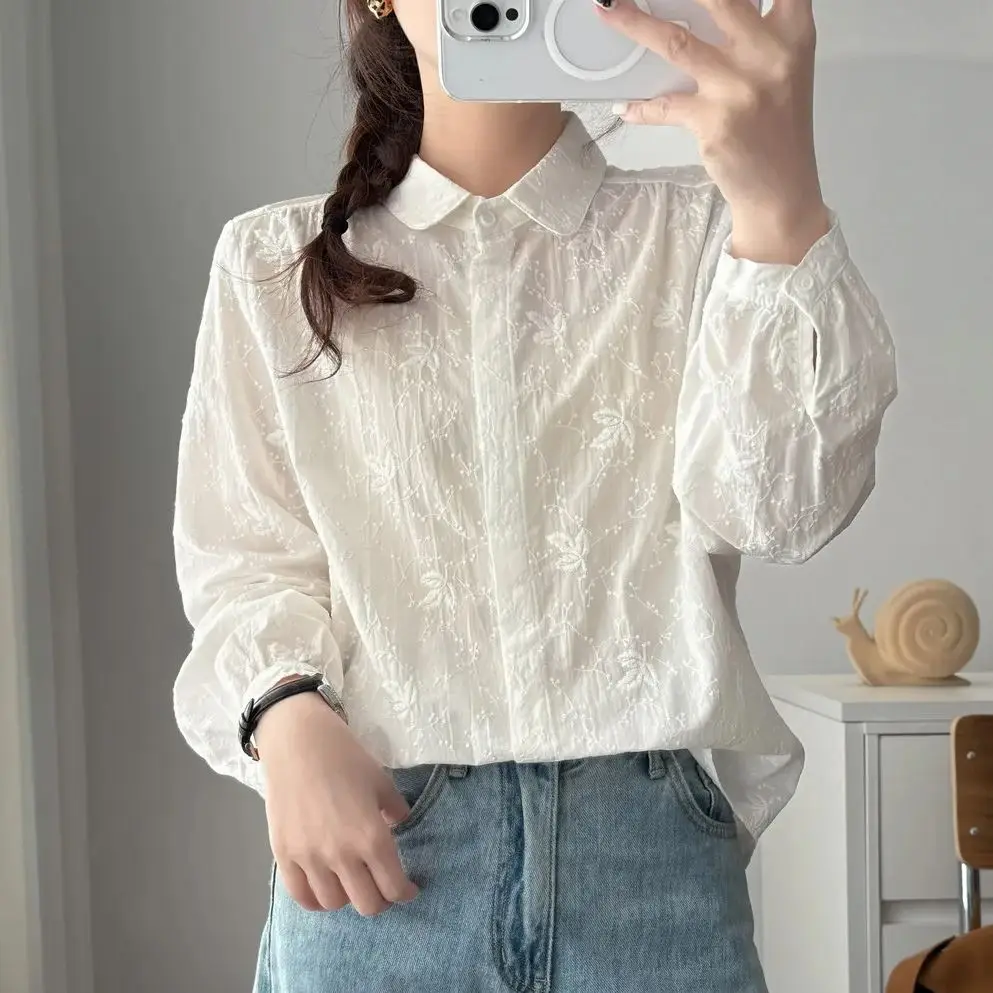 

Women elegant 100% cotton white lace embroidery shirts long sleeve blouses ladies tops boho luxury designer clothing