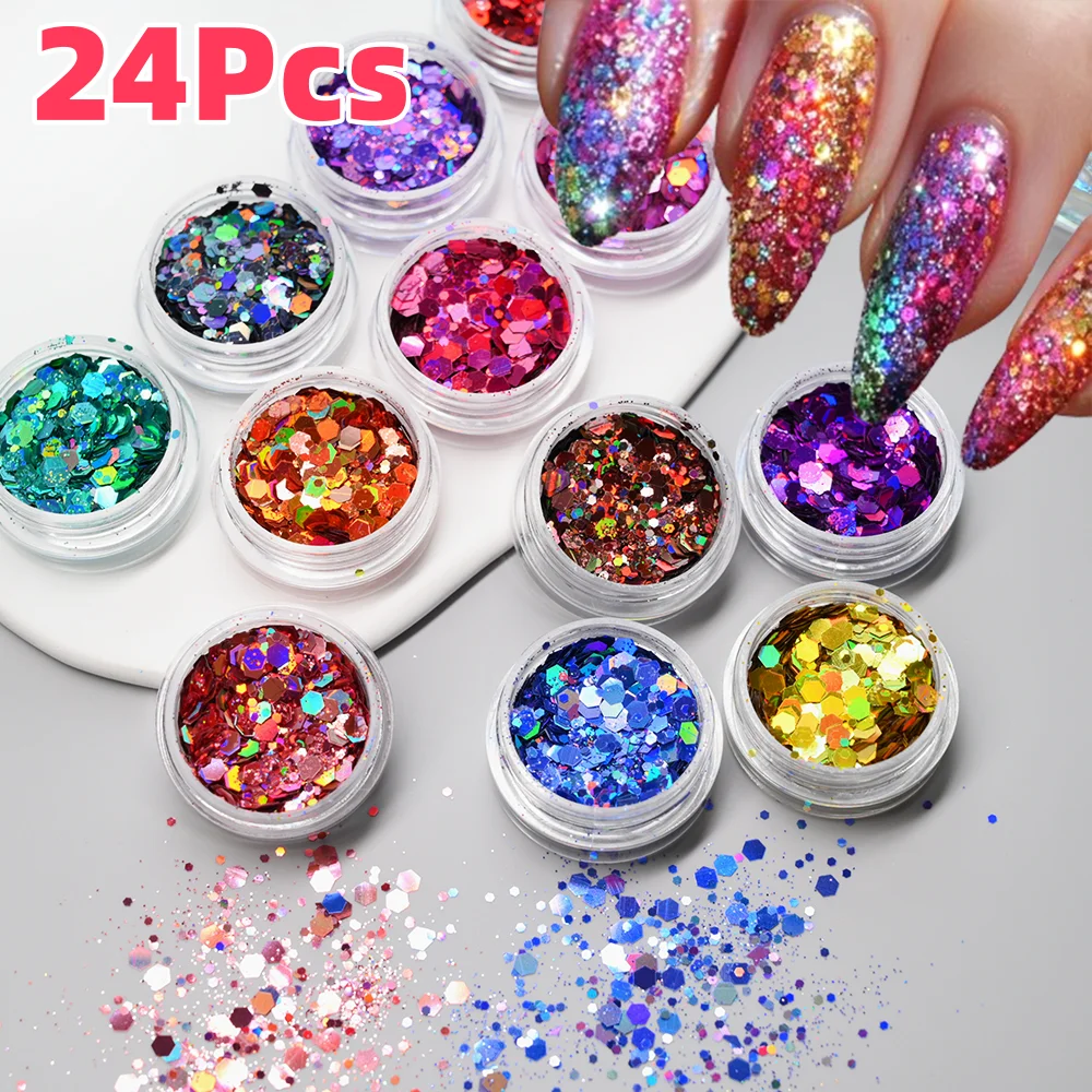 24Colors/Set Mixed Hexagon Nail Art Glitter Sequins Mermaid Iridescent Chameleon Flake Shiny Laser Manicure/Body/Face Decoration