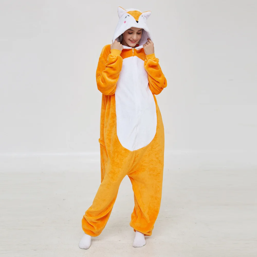 Unisex Adult Women Cartoon Costume Halloween Christmas Animal Cosplay Sleepwear Jumpsuit Fox Onesies Kids Fleece Party Pajamas