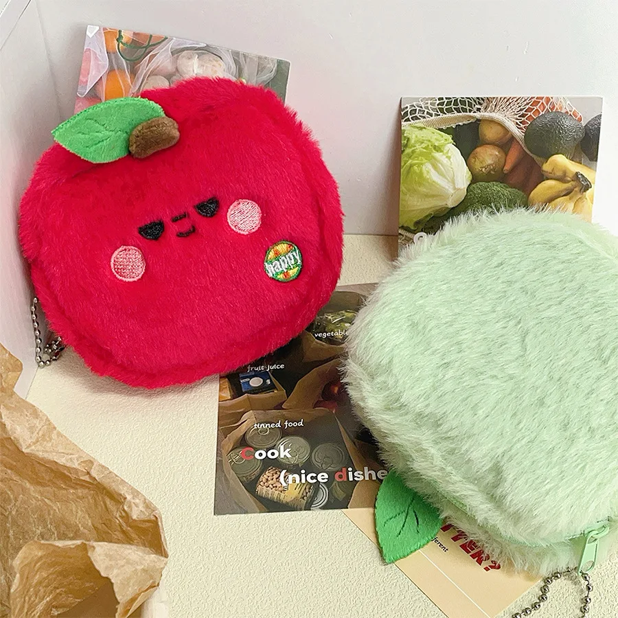 Adorable Apple Wallet Fuzzy Fruit Coin Purse Pendant Red Envelope Headphone Bag Card Holder Storage Bag Gift