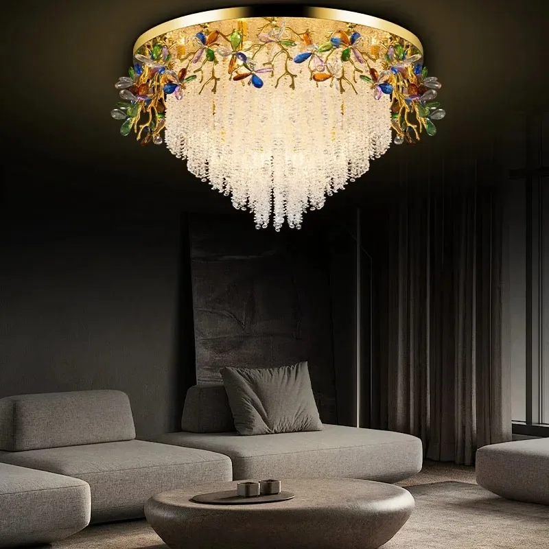 

Round gold K9 crystal pendant light, modern crystal branch bedroom, living room, dining room, kitchen, dining table light