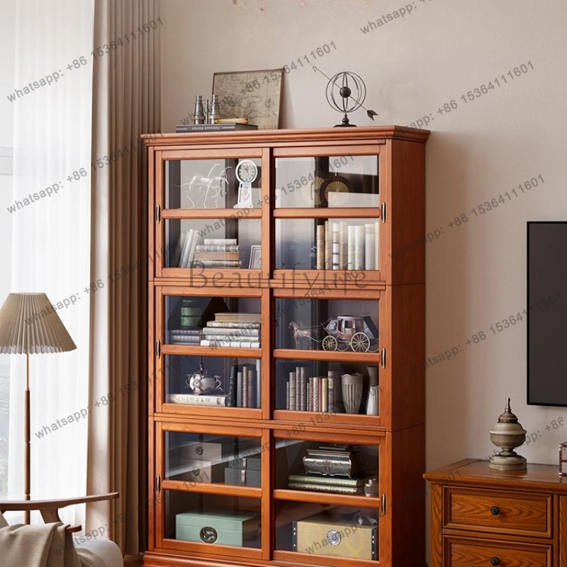 

American solid wood bookcase with glass door dust-proof household retro display cabinet living room floor sliding door