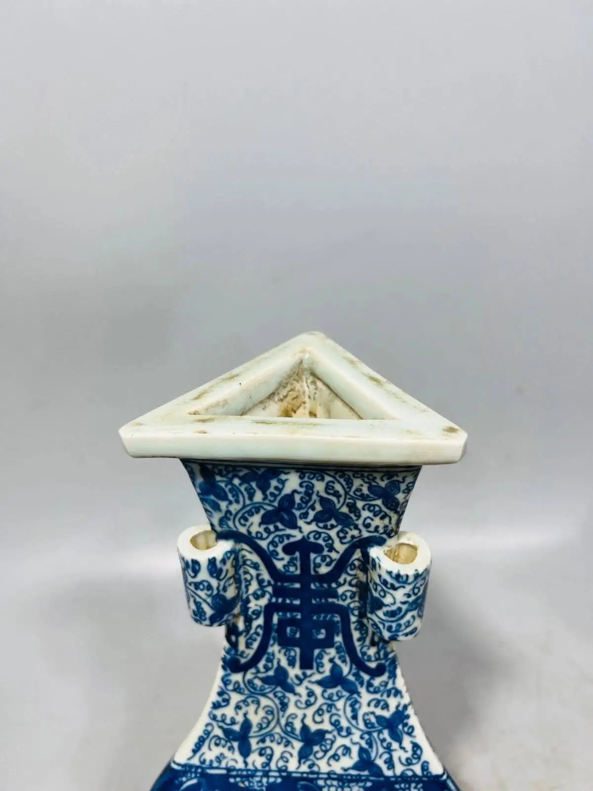 Qing~A Pair Of Blue And White Longevity Triangle Vases