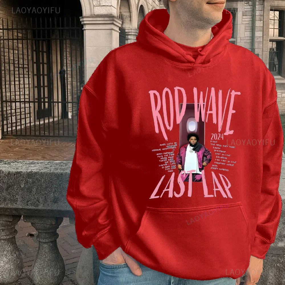 Rod Wave The Last Lap 2024 Rod Ware Design Rosa gemusterte Herren- und Damen-Sweatshirts, schwarzer Kapuzenpullover mit tief angesetzten Schultern