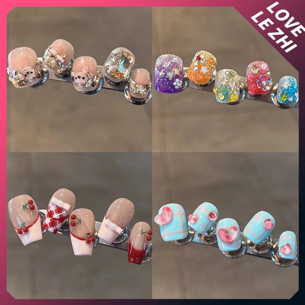 

Colorful Diamond Short Square Round Handmade Press On Nails Flower Pearl Love Bowknot Glitter Sequins Reusable Full Cover Nails
