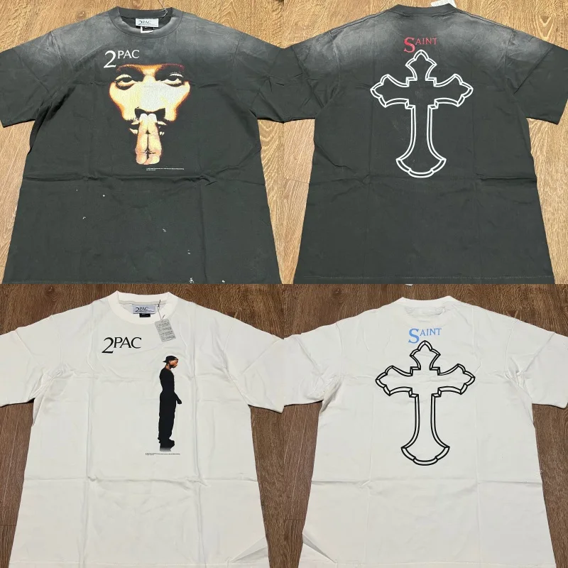 Vintage SAINT MICHAEL Black T-shirts Men Women 1:1 Best Quality Pure Cotton Portrait Print White Top Tees T-Shirts