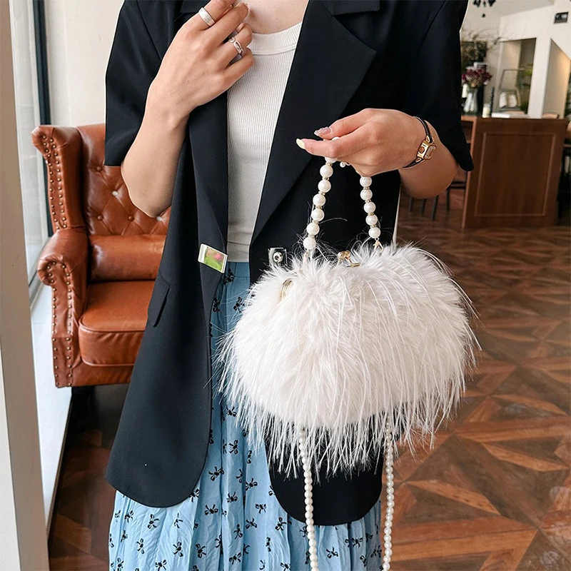 Fashion Women's Plush Handbags Pearls Top Handle Evening Party Clutch Purse Shoulder Messenger Bags Ladies Small Square Fur Bags