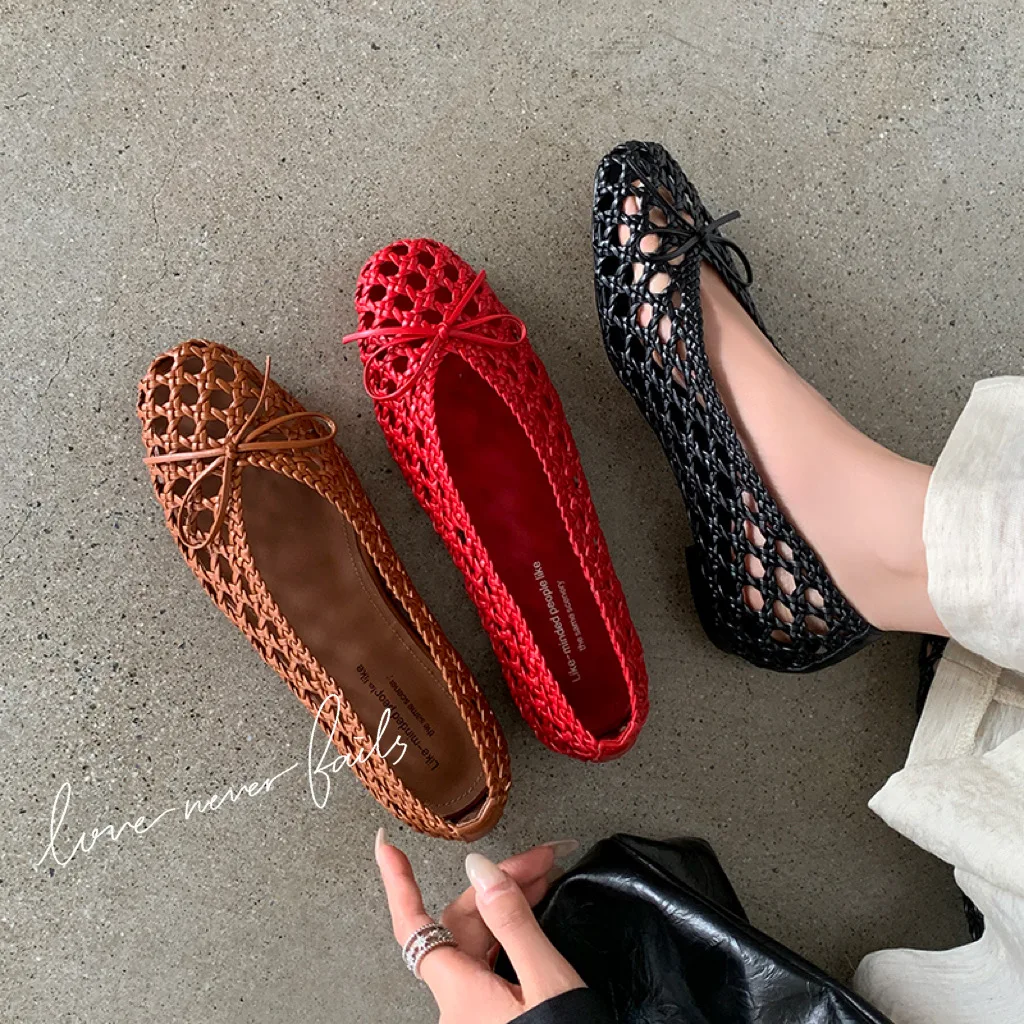 2026 new pring summer women sandals natural leather 22-25cm mesh+sheepskin square toe butterfly-knot low heel women shoes