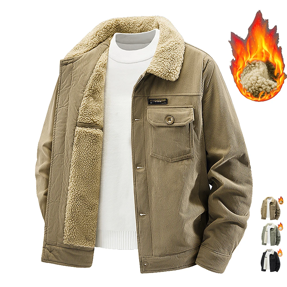 

Men's Corduroy Jackets Winter Sherpa Fleece Trucker Jacket Button Down Thickened Casual Cargo Work Coats Windproof Windbreaker