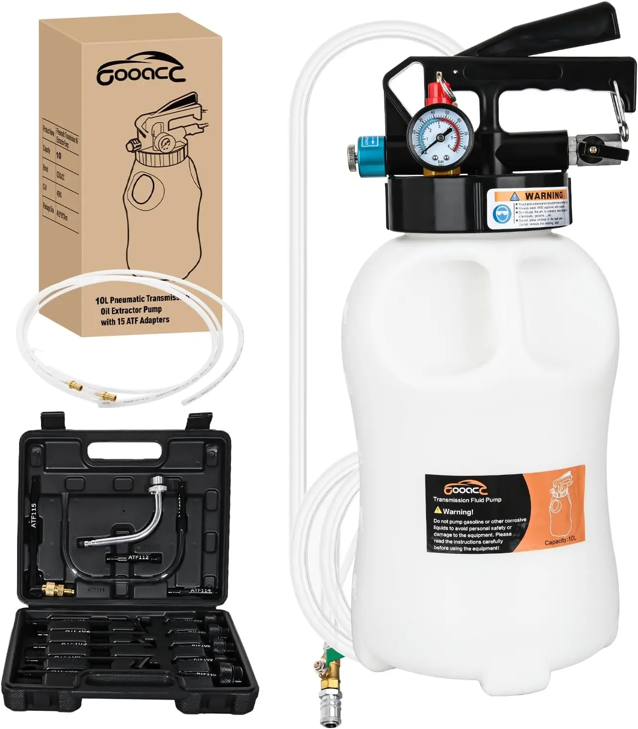 

ATF Transmission Fluid Pump Kit 10L Pneumatic Oil Extractor with 15 Adapters & Vacuum Evacuator