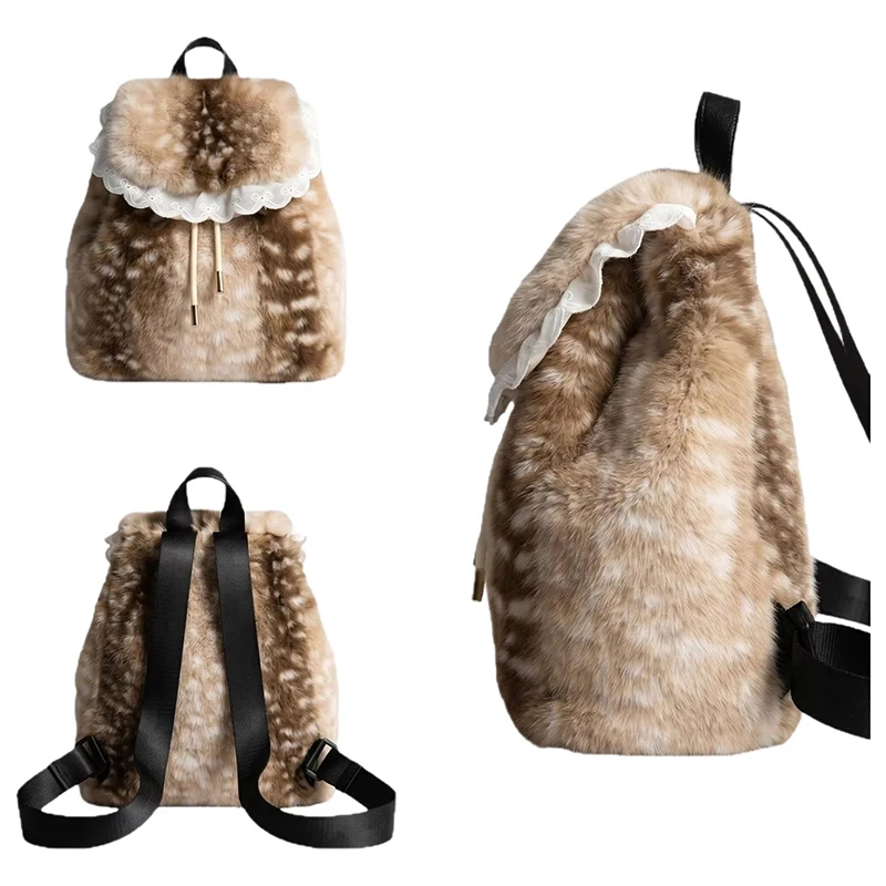 Women Faux Fur Deer Spot Mini Backpack Autumn Fluffy Lace Ruffle Drawstring Bucket Bag Sweet Travel Shoulder Backpack Purse
