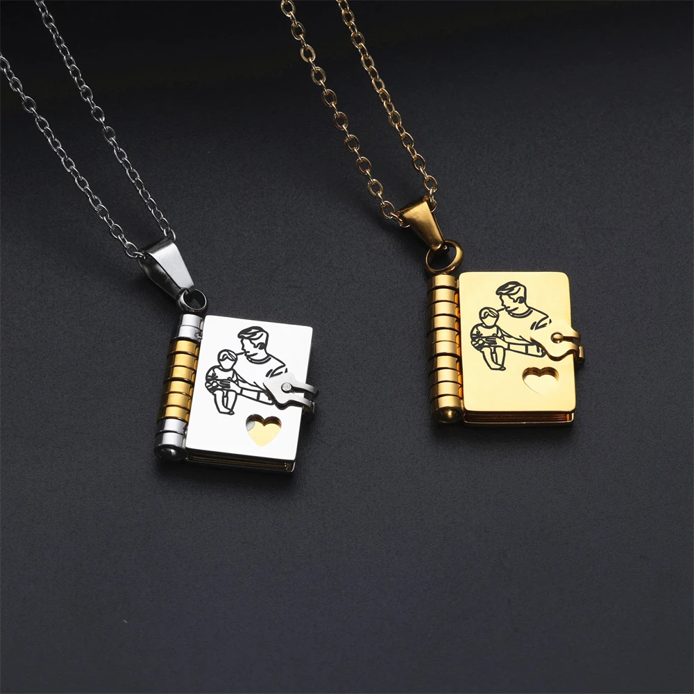 Collares de joyería familiar de moda, chapado en oro, grabado, padre e hijo, libro de hija que se puede abrir, colgante, regalo de Navidad