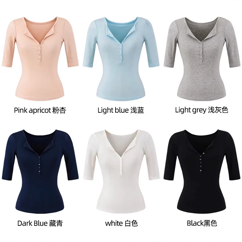 Button V-neck Five-quarter-sleeved T-shirt Women's Summer 2025 Slim-fit Knitted High-end Half-sleeved Short Top
