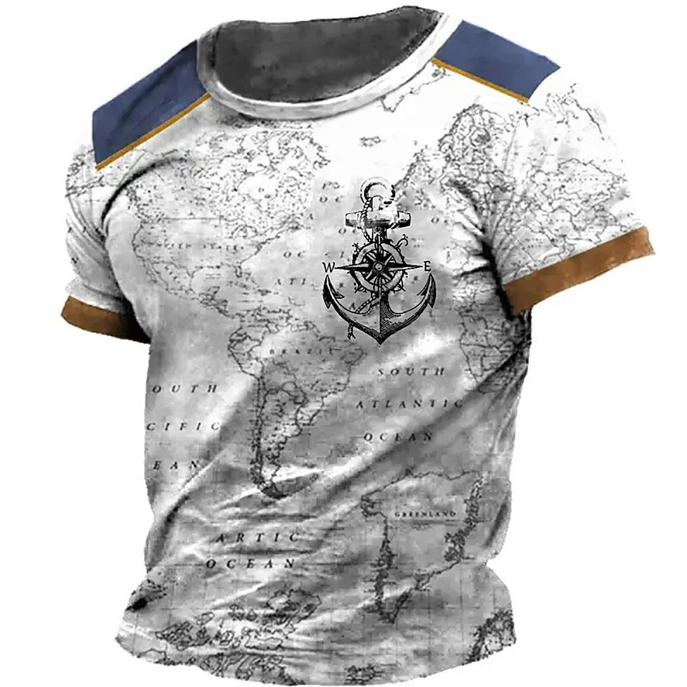 Men\'s T Shirt Vintage 3d Print Nautical Map Compass T-Shirt Round Neck Short Sleeve Male Top Casual Harajuku Tee Loose Clothing