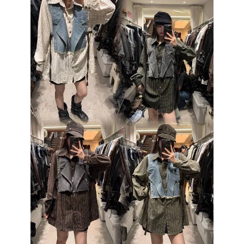 SuperAen Women Autumn 2026 New Korean-style Loose Casual Striped Long-sleeved Denim Patchwork Shirt Office Lady Shirts
