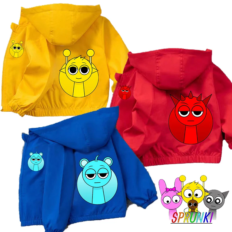 

Sprunki Children Spring Autumn Jacket Coats Game Cartoon Anime Windbreaker Hooded Thin Waterproof Long Sleeved Top Coat Clothing