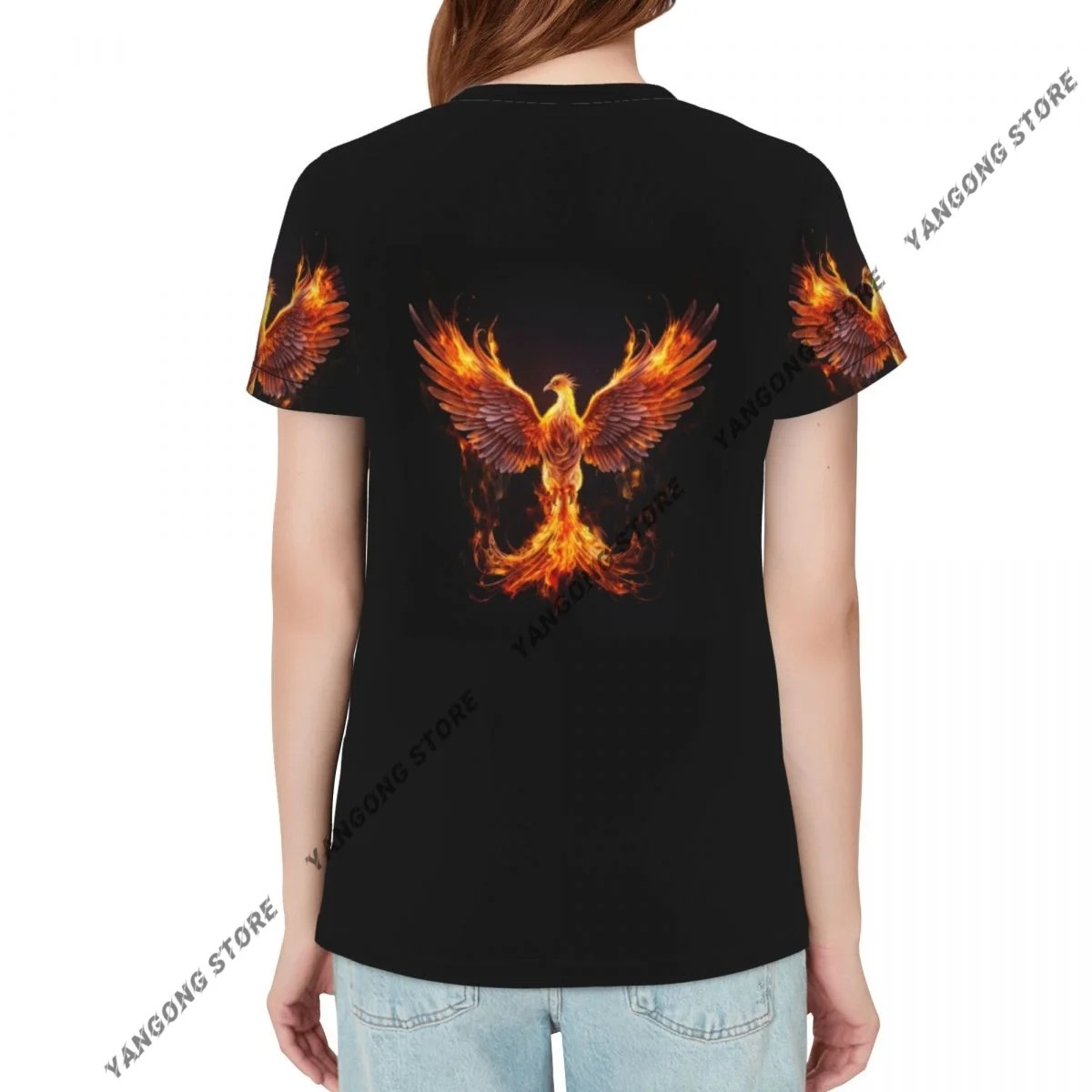 Womens Short Sleeve Burning Bird Phoenix Casual Tee Clothing Crewneck Woman T-Shirts