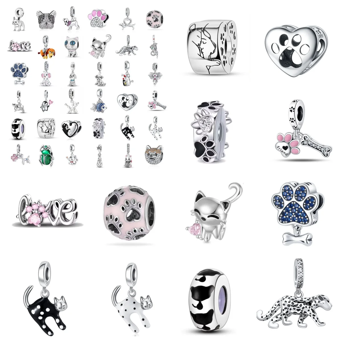 

New hot selling 925 silver black and white cat balloon dog charm dog paw bracelet Fit original women DIY jewelry accessories