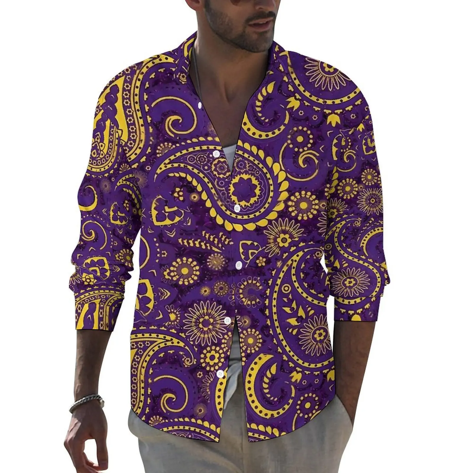 

Golden Paisley Shirt Men Purple Sparkle Casual Shirts Spring Stylish Design Blouses Long Sleeve Novelty Oversized Clothing Gift