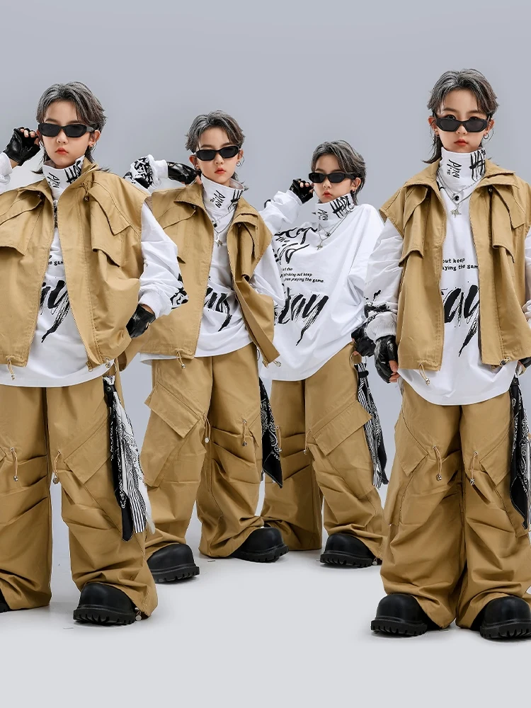 Ubrania do hiphopu i street dance dla dzieci, khaki kamizelka, spodnie, luźny strój, odzież do poppin, jazzowych kostiumów tanecznych, stroje sceniczne BL17338
