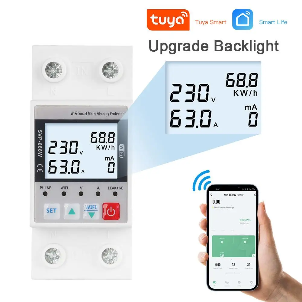 SVP688 63A Over Under Voltage Protector TUYA WiFi Smart Circuit Earth Leakage Relay Device Switch Breaker Energy Power kWh Meter