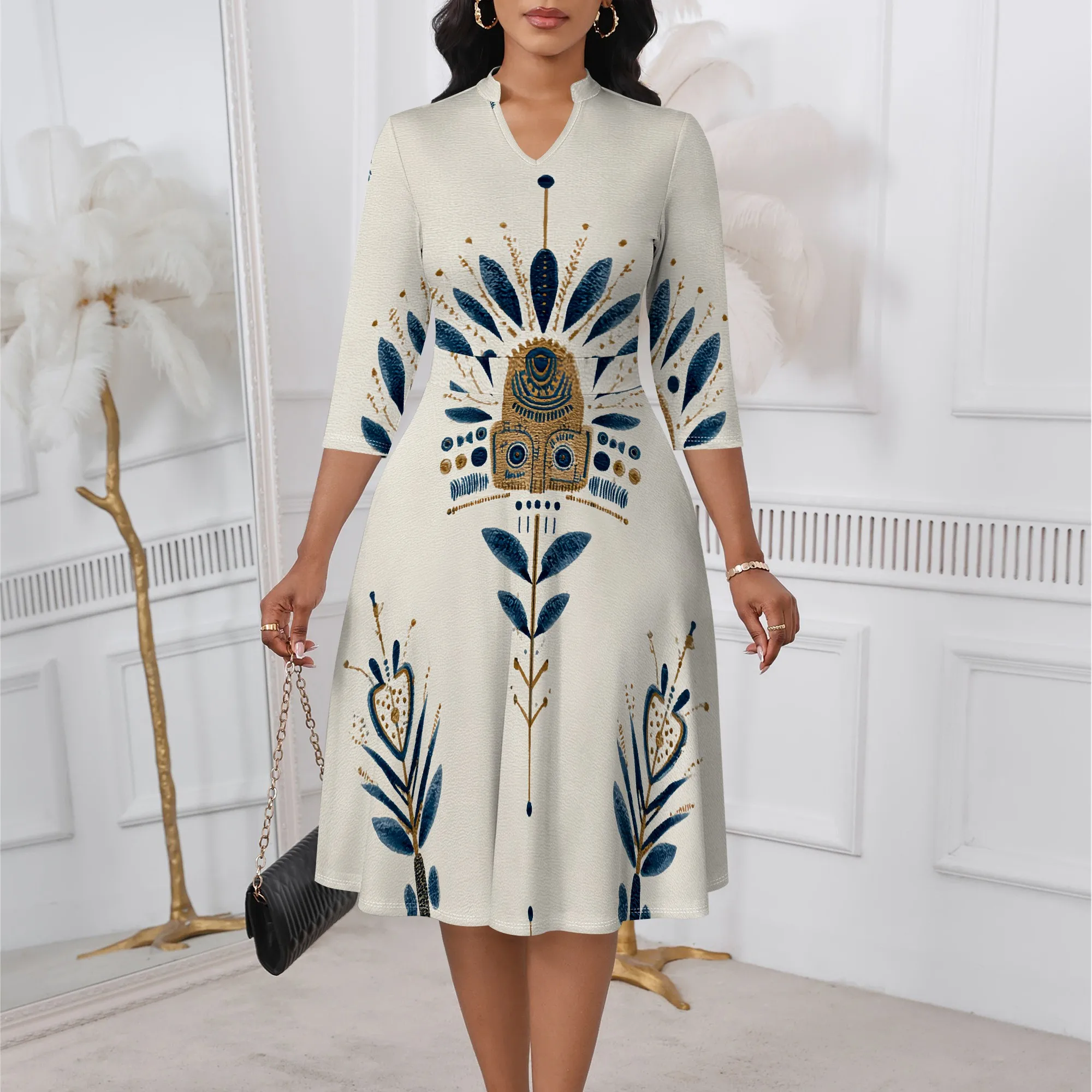 

Tribal Floral A-Line Dress XS-3XL V-Neck 3/4 Sleeve Fit & Flare Style for Afro Art Show, Fall Church or Cultural Festival Look