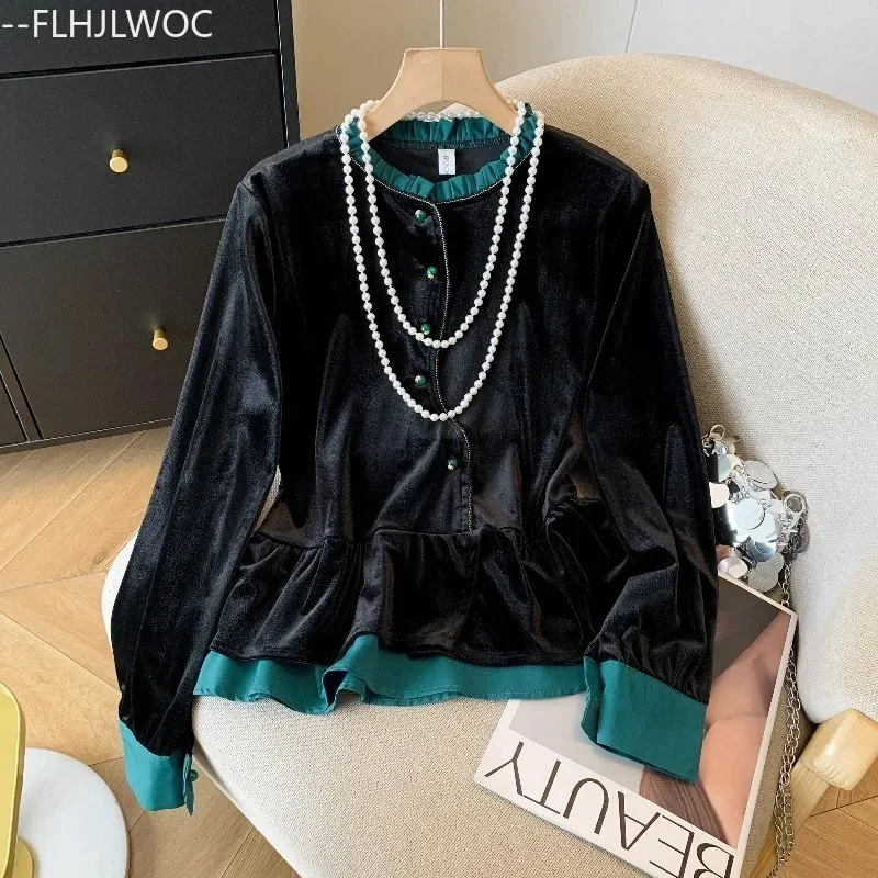 Stile cinese Chi-pao collare Design velluto nero top capodanno 2024 primavera donna data ragazze bottone spacco camicia camicetta Vintage