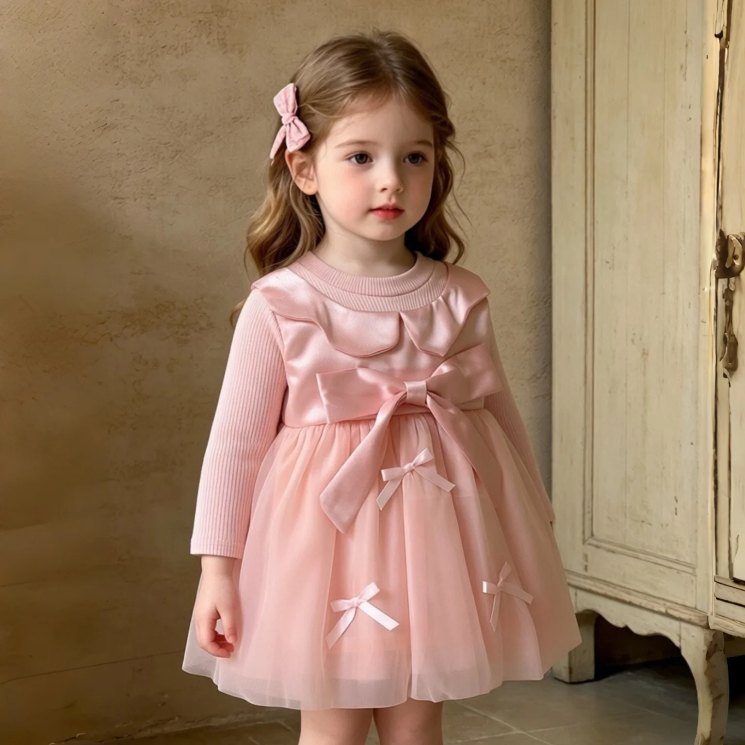 Baby Girl Long Sleeved Dress Autumn And Winter New Sweet Princess Style Girl Birthday Dress Elegant Retro Chiffon Ball Dress