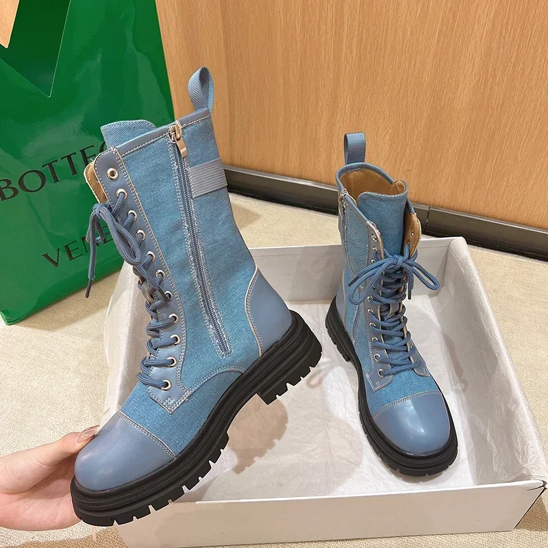 Shoes for Women 2024 Autumn New Women\'s Boots Fashion Platform Luxury Female Cool Motorcycle Boots Thick Soled Denim Short Boot