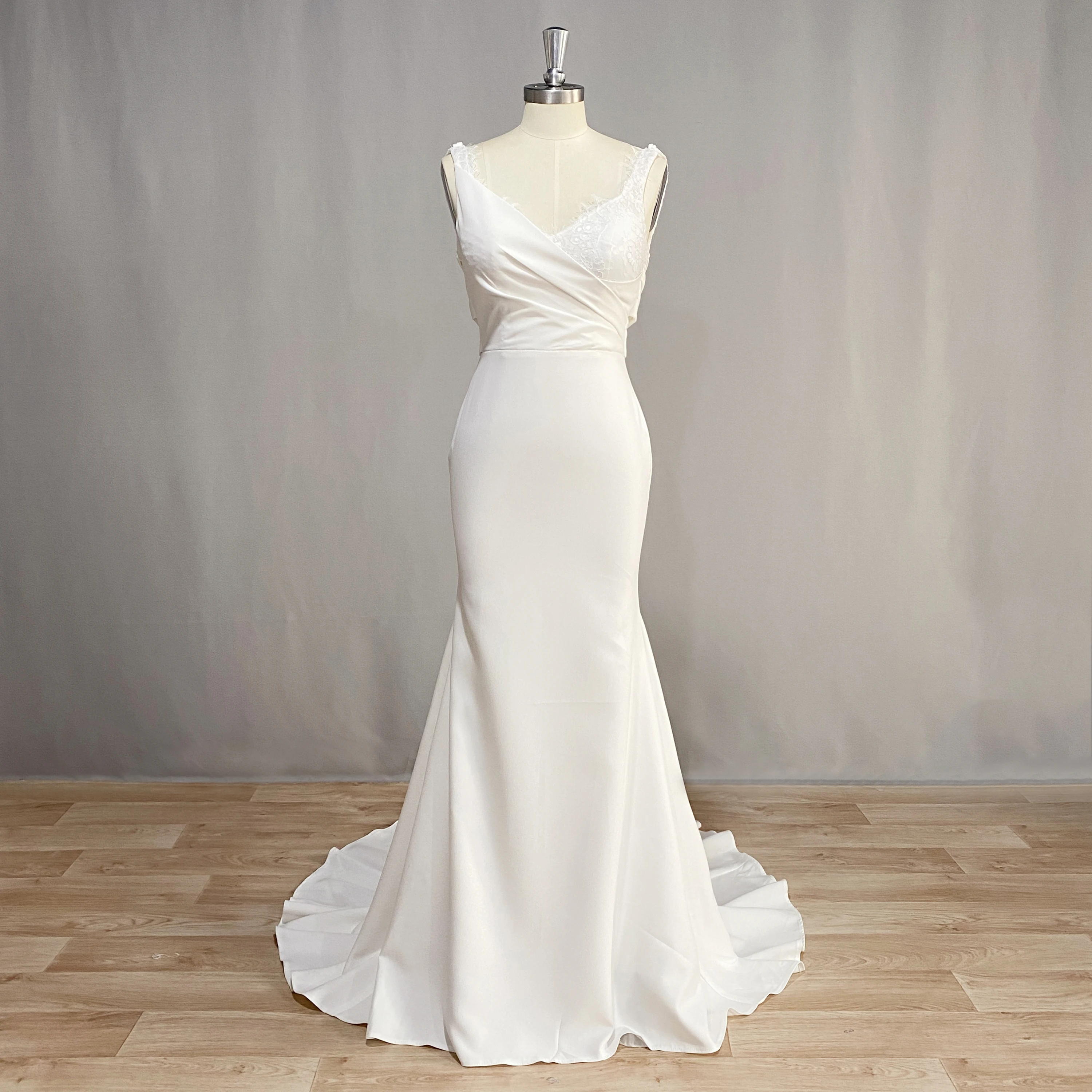 

DIDEYTTAWL Sleeveless Satin Elegant Mermaid Wedding Dress For Women Lace V Neck Sweep Train Simple Bridal Gown Real Photos