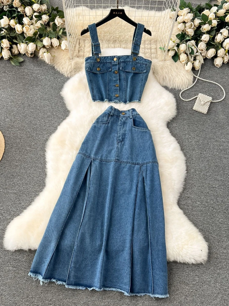 

Women American Vintage Casual Sexy Denim Suits Summer Short Suspender Vest+high Waist Skirts Two-piece Sets Vestidos