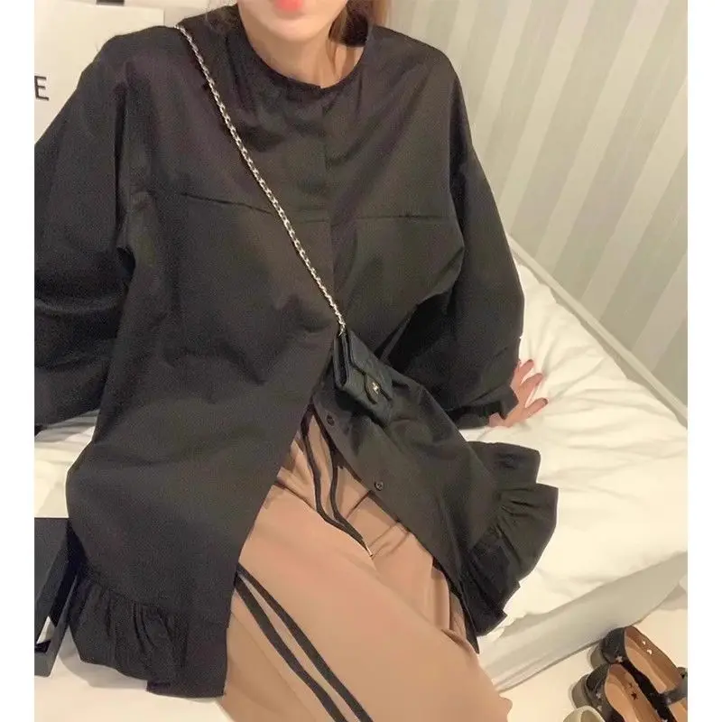 Koreaanse Herfst Modieuze Ruches Effen Kleur O-hals Shirts Vrouwelijke Koreaanse Knoppen Lange Mouw Blouse Dameskleding Top Tee