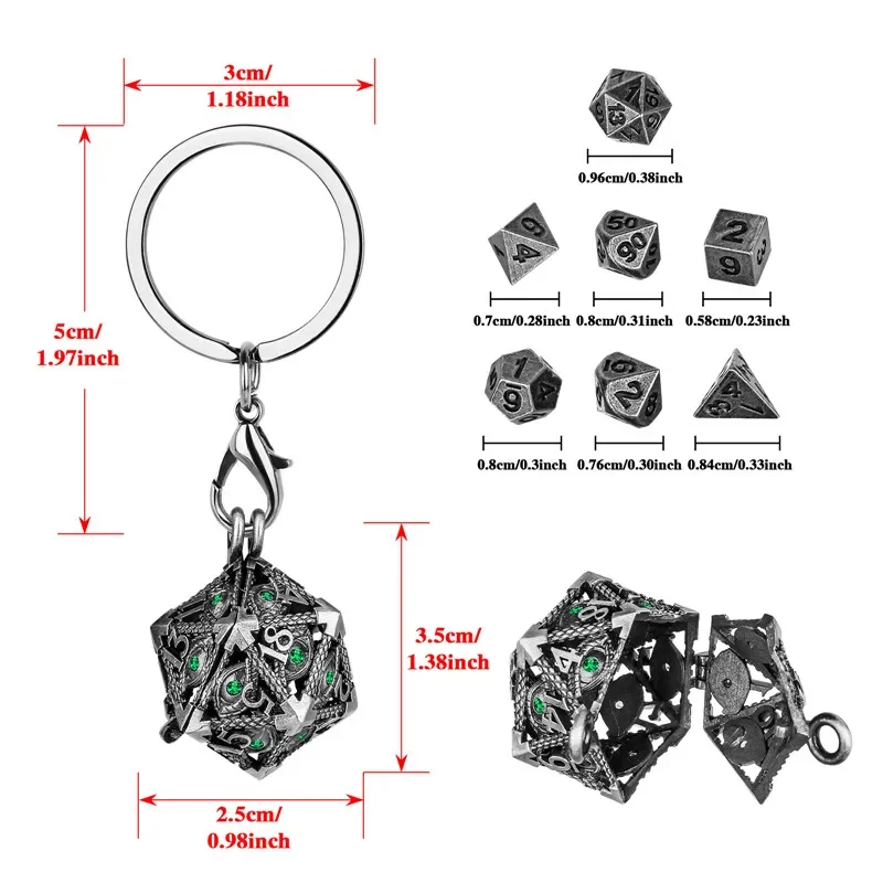 7Pcs 6mm Mini Metal Polyhedral Dice Set Green Rhinestone Hollow Keychain Pendant for RPG Tabletop Gaming