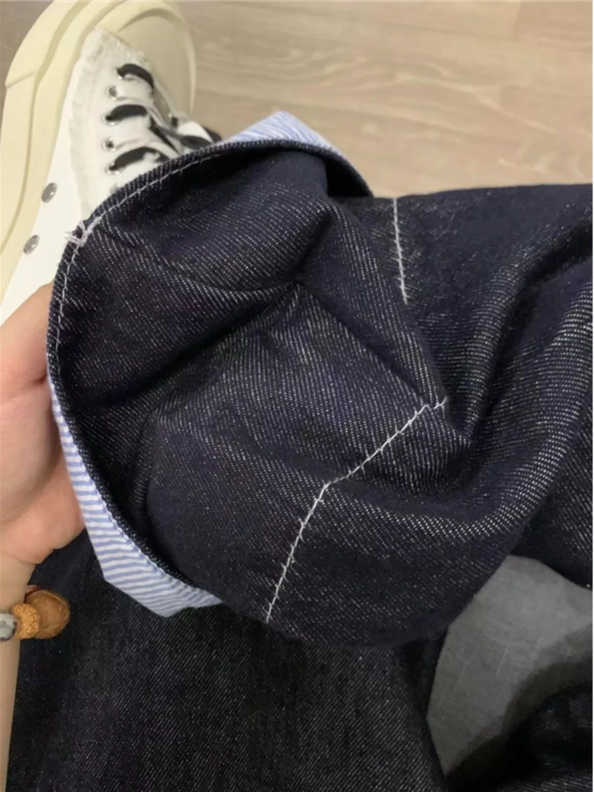 American Retro Striped Patchwork Straight Leg Denim Jeans Women's Embroidery Dra Loose Wide Leg Floor-Length Pants