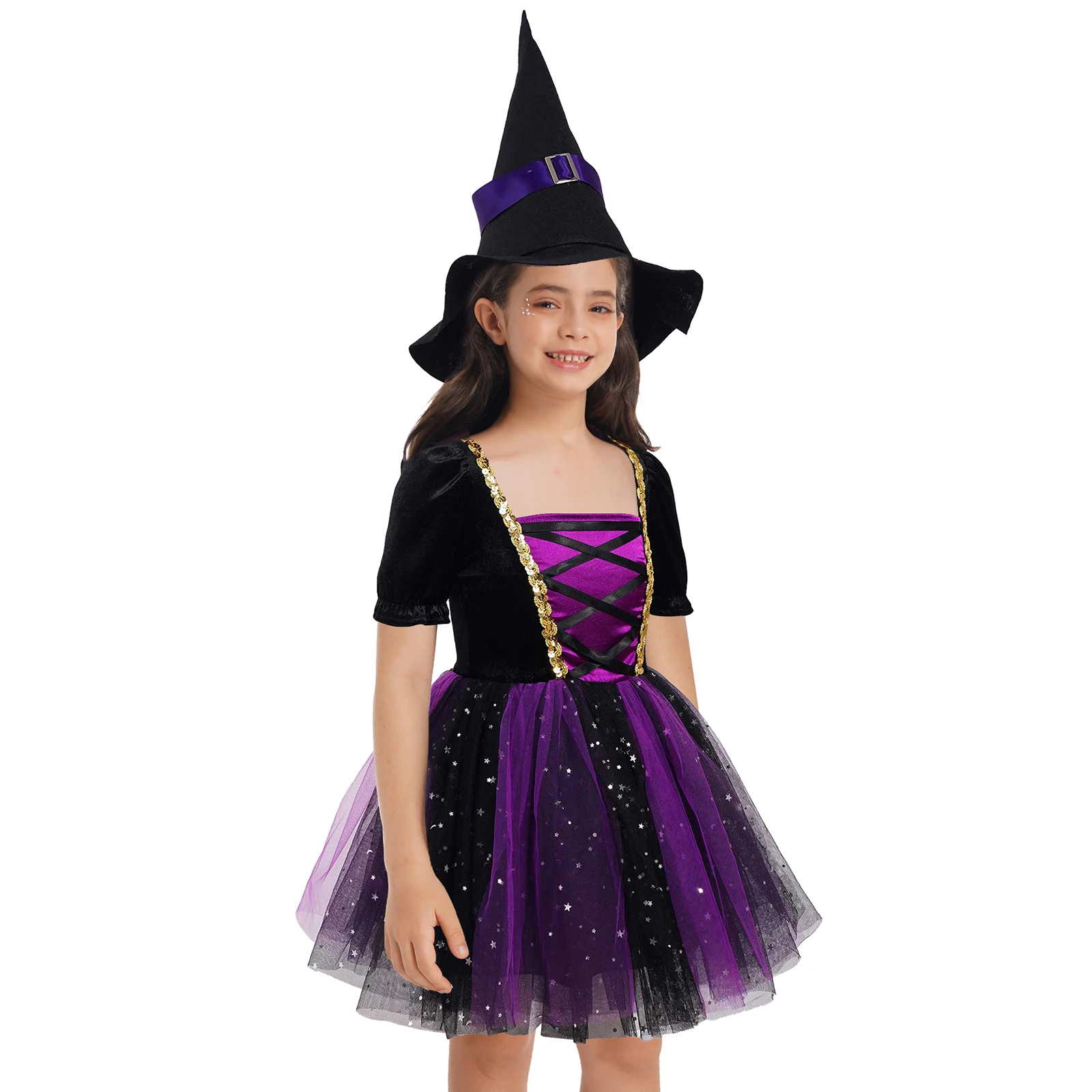 Kid Girls Halloween Witch Costume Sparkly Silver Stars Printed Carnival Cosplay Dress with Pointed Hat Wand Dress Up Clothes