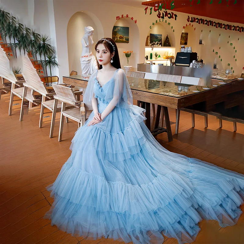 

It's Yiiya Evening Dress Blue Tulle V-neck Short Sleeves Tiered Ruffles A-line Trailing Plus size Women Party Formal Gown A3064