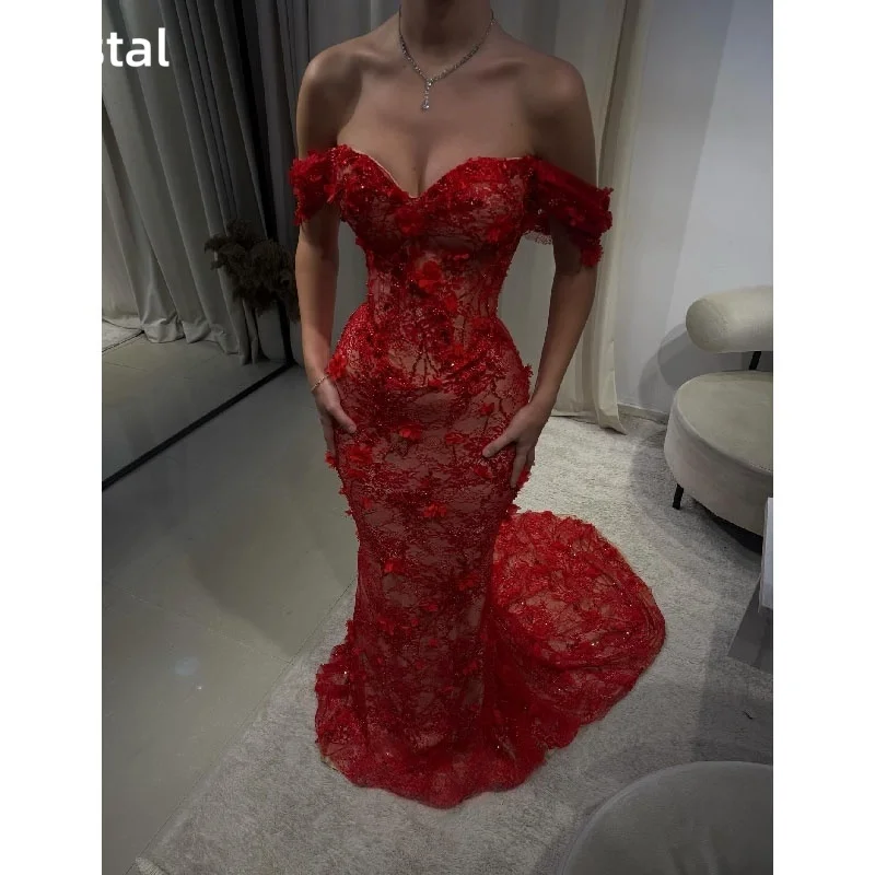 

Romantic Red Lace Mermaid Evening Dress Off Shoulder 3D Flower Applique Sheer Corset Formal Prom Party Gowns Customized