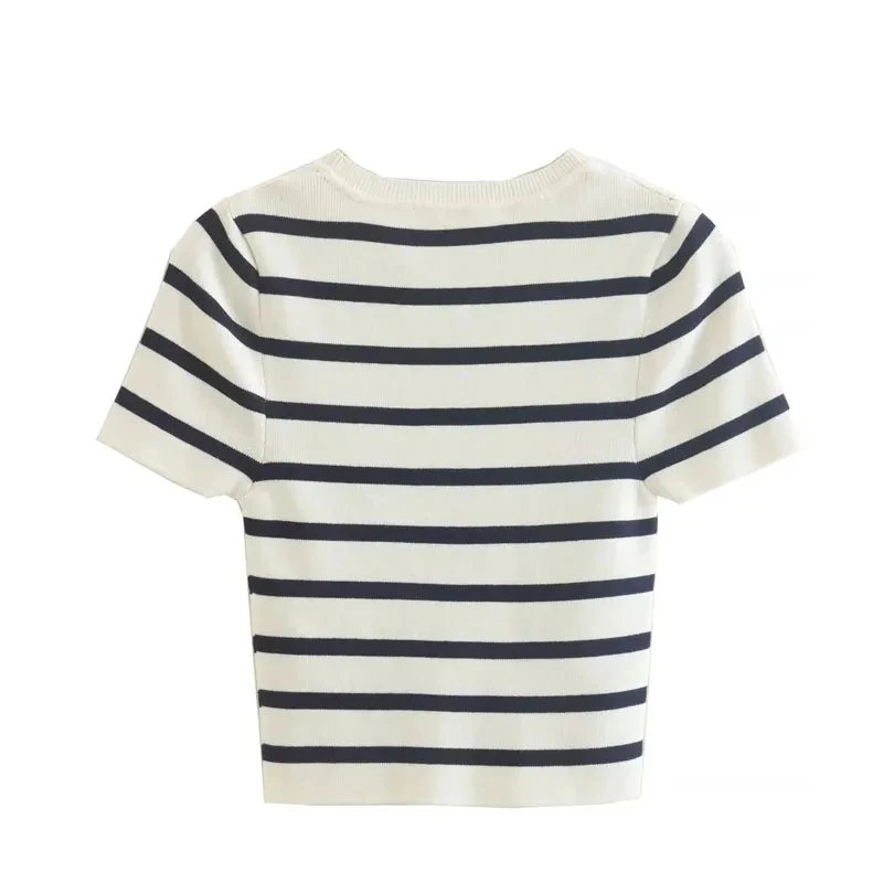 MUJER Striped Knitted Short Sweaters for Women Short Sleeve Jersey Tops Woman 2025 Pullovers Knitwears Crop Sweaters Top Women