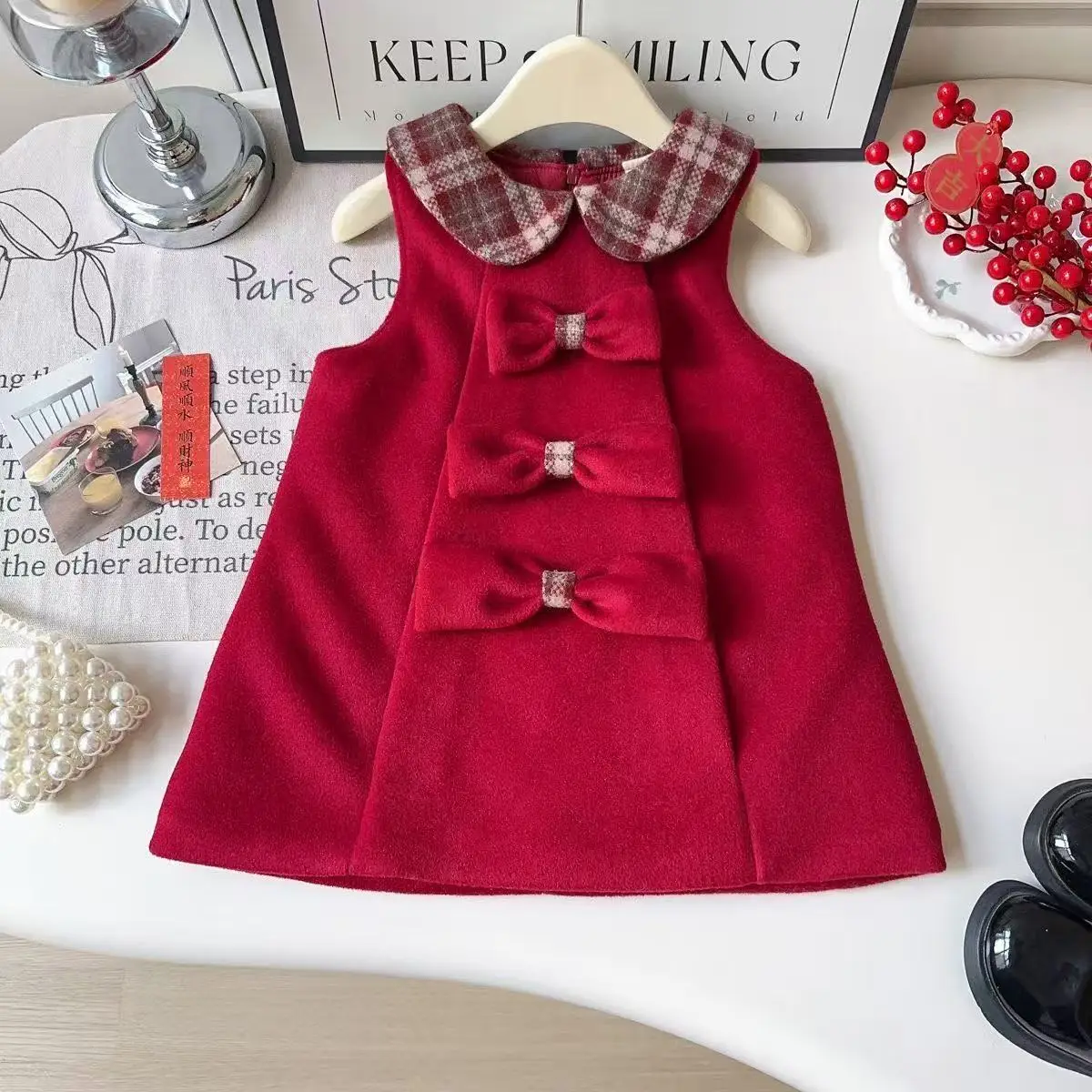 Girls' Sleeveless Dress Winter Arrival Thickened Quilted Lining with Bow Traditional Chinese Style Sleeveless Children's Dress