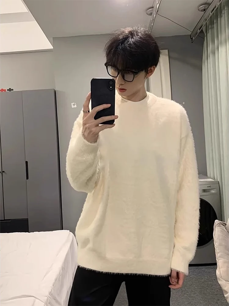 

Мужской зимний утепленный вязаный свитер из искусственного меха норки, очень теплый, высококачественный, с длинным рукавом, круглым вырезом, цветной