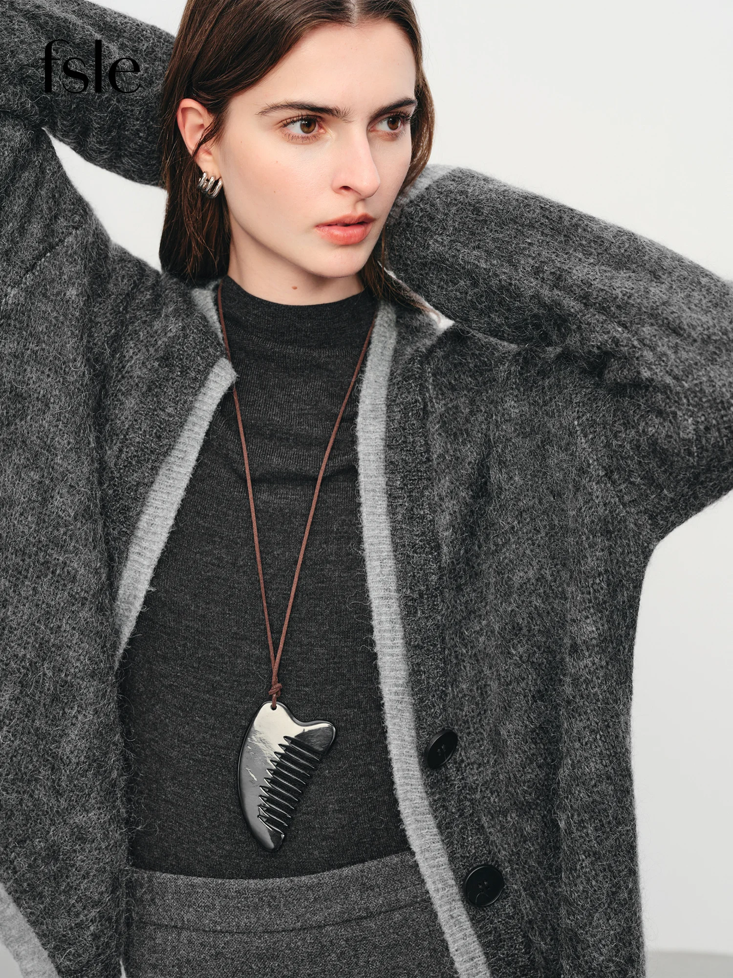 

FSLE【Premium Series】Autumn Winter Women Mohair Wool Blend Knit Cardigan Color Block V Neck Chic Open Front Sweater Coat Casual