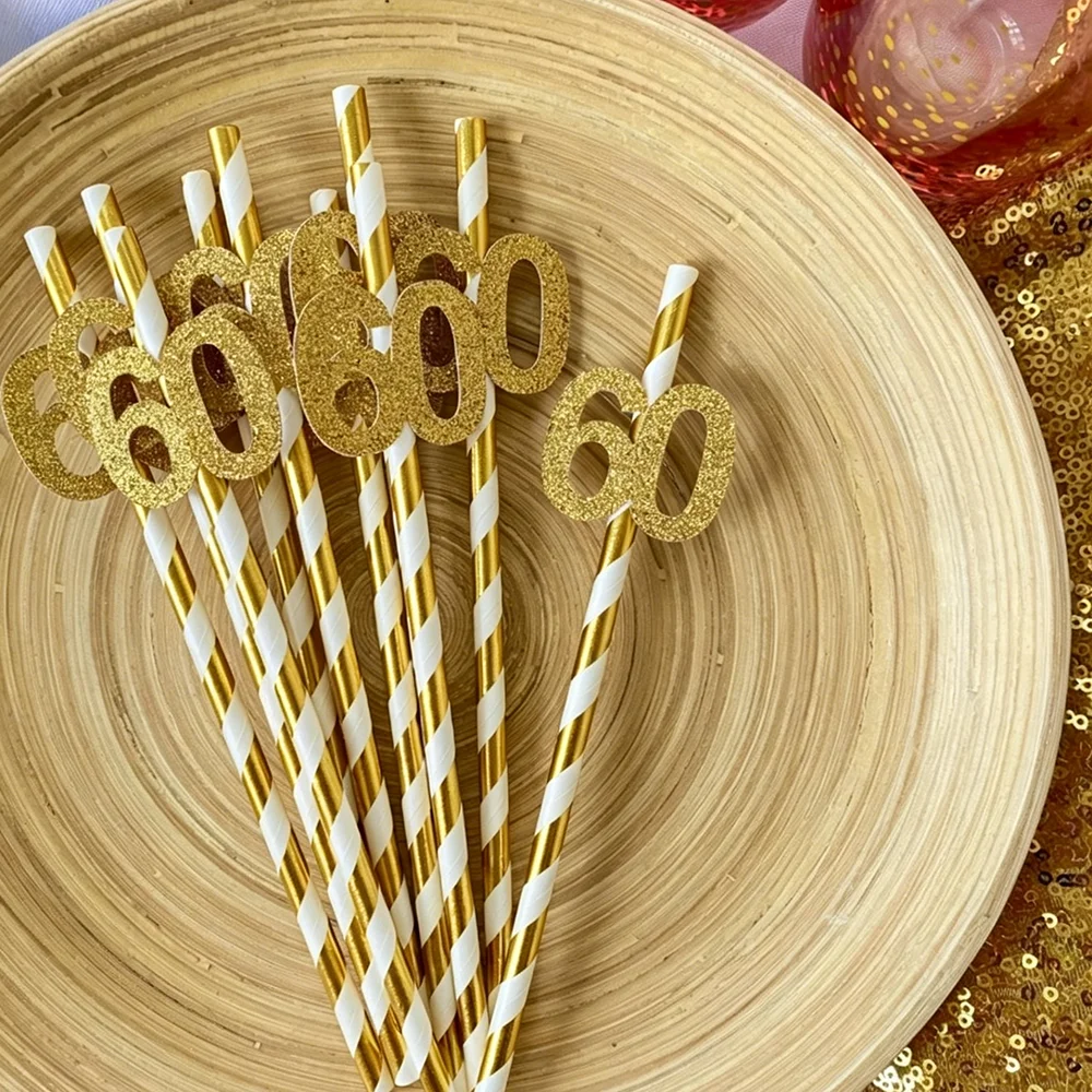 10 Stück Trinkhalme für den 30., 40., 50., 60. Geburtstag, goldfarben, glitzernd, mit Nummer 70, 80, für Geburtstagsfeiern, Jubiläumsfeiern, Dekoration – Detail 2