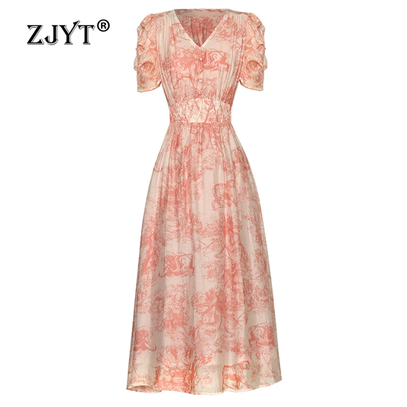 

ZJYT Runway Fashion Summer Dress Women 2024 Elegant Chic Short Sleeve Print Vintage Midi Dresses Vestidos Feminino Robes Femme